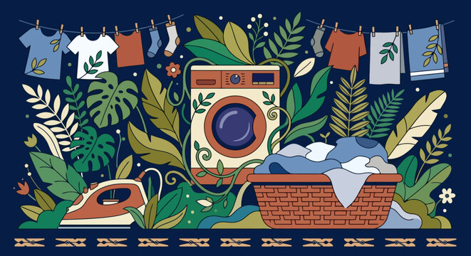 Laundry drying on line in tropical garden vector illustration