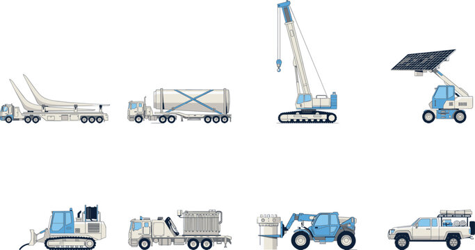 Industrial vehicles for renewable energy logistics including wind turbine transport solar maintenance and heavy construction machinery