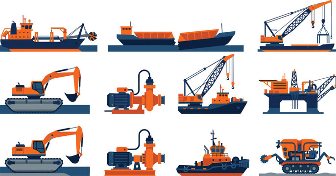 Marine and Offshore Heavy Machinery Vector Set with Dredgers Oil Rig and Amphibious Excavators for Maritime Projects