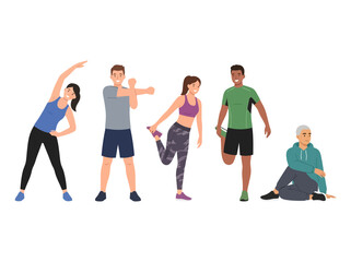 Obraz premium A diverse group of people performing various stretching and warm up exercises.