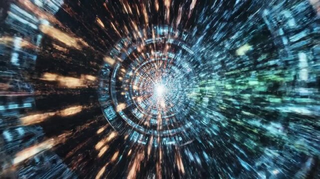 Vibrant digital tunnel bursts with colorful lights speeding towards a bright center.