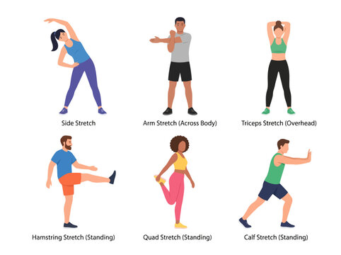 A collection of diverse people performing various static and dynamic stretching exercises for fitness.