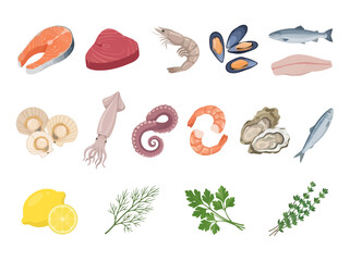 Obraz premium Hand drawn illustration of fresh seafood and aromatic herbs.