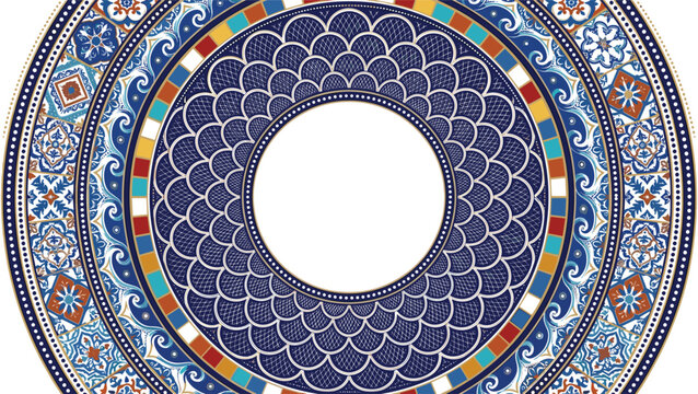 Traditional Mediterranean circular tile frame vector illustration with dark blue fish scale pattern ornate mosaic borders surrounding copy space isolated on white background