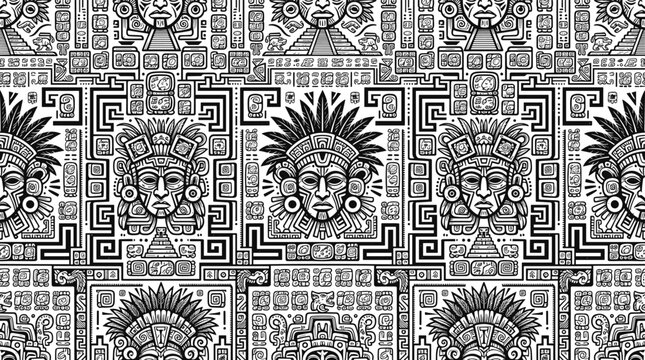 Abstract Aztec tribal geometric seamless pattern vector background with black Mayan warrior face masks stepped pyramids and ancient ethnic glyph ornaments