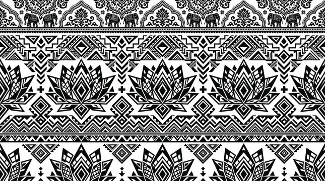 Traditional Indian tribal geometric seamless pattern vector background with black ornate lotus flowers elephants and Aztec chevron stripes for bohemian textile design