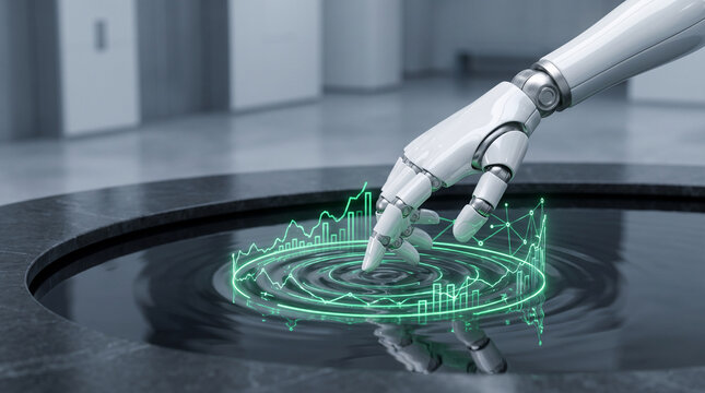 AI Algorithmic Trading Fintech Concept Robotic Hand Touching Water Creating Glowing Green Market Graphs