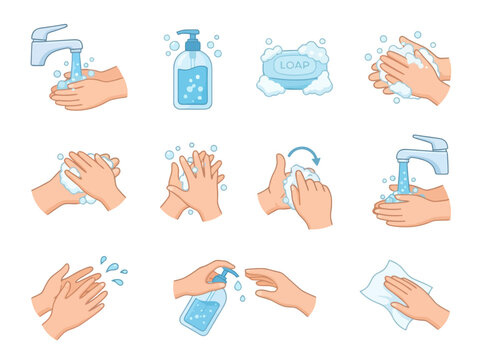 A collection of hand washing and hygiene icons showing various steps and tools.