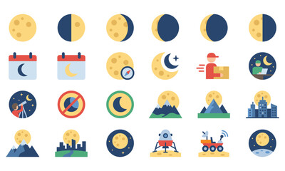 Lunar cycle and moon related activities flat icon set with night scenes © SIDDIK