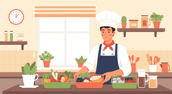 A cheerful chef in a white hat and apron arranges fresh vegetables and fruits in containers in a bright kitchen