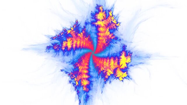 Abstract colorful shape with four fiery tails rotating around center, emanating blue fluids. Fractal flamy construction whirling with crossed element on white background. 4K UHD 4096x2304