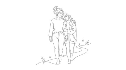 Obraz premium Couple walking hand in hand, romantic illustration, minimalist line art, friendship, love, togetherness