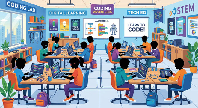 Coding classroom, kids learning programming, computer education, digital literacy vector illustration