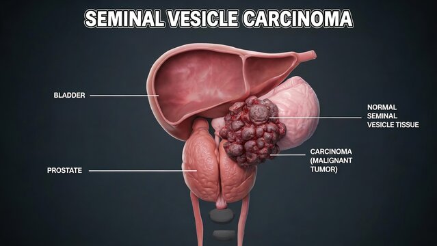 Labeled 3D Scientific Render of Seminal Vesicle Carcinoma, Male Urogenital Anatomy Featuring Bladder, Prostate, Normal Seminal Vesicle Tissue and Invasive Malignant Carcinoma Tumor, Four White Arrow M