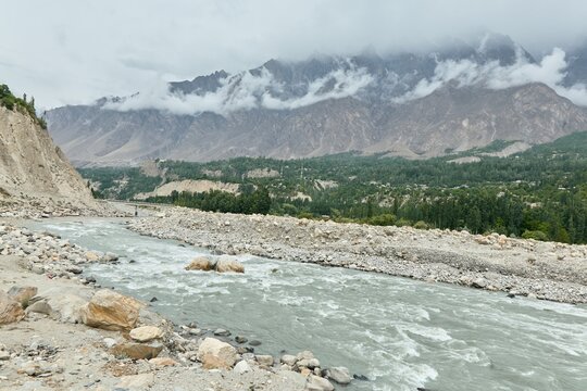 The confluence of the Hunza and Nagar rivers in Pakistan's Hunza Valley