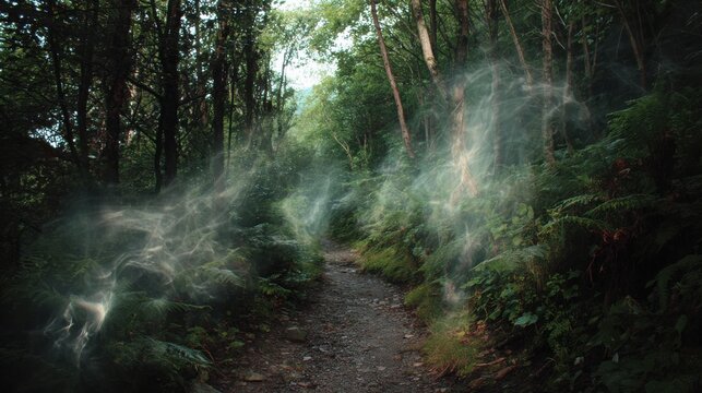Misty forest path glows with ethereal light filtering through dense trees and rising vapor in a serene woodland setting.