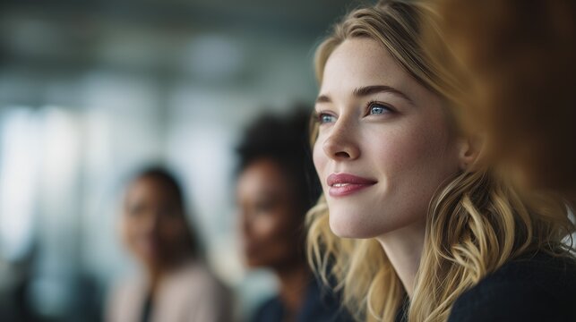 Female leader facilitating a meeting while listening attentively to a colleague