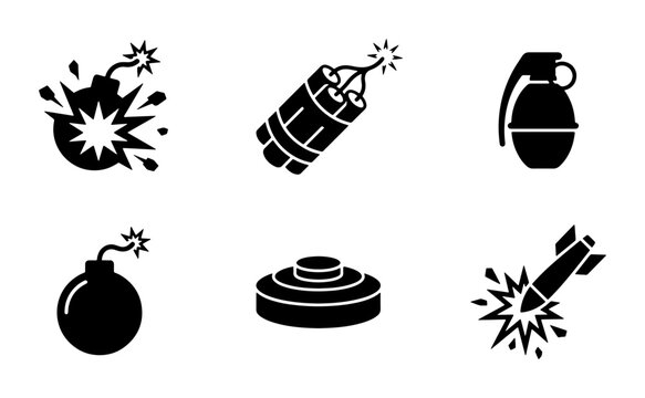 Explosive Icons Set: Bomb, Dynamite, Grenade, Landmine, Missile, Blast Effects