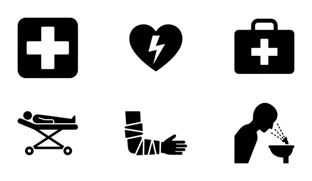 Medical Emergency Icons Set: First Aid, Heart Monitor, Stretcher, Bandaged Arm, Eye Wash