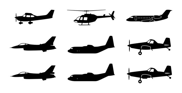 Aircraft Silhouettes Collection: Jet Fighters, Helicopters, Propeller Planes, and Business Jets