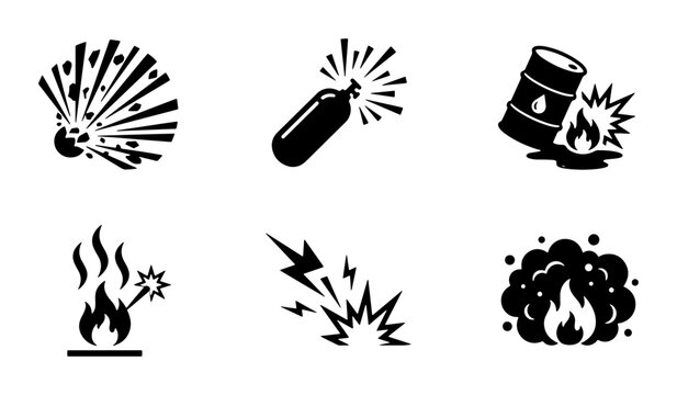 Hazard Symbols Set: Explosion, Gas Cylinder, Flammable Liquid, Fire, Electricity, Smoke Icons