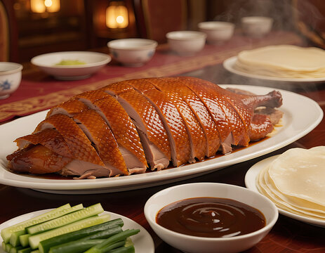 Traditional Peking Duck with Crispy Lacquered Skin on Platter
