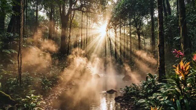 Sunlight filters through forest trees, illuminating mist over a serene waterway surrounded by lush greenery and vibrant tropical plants.