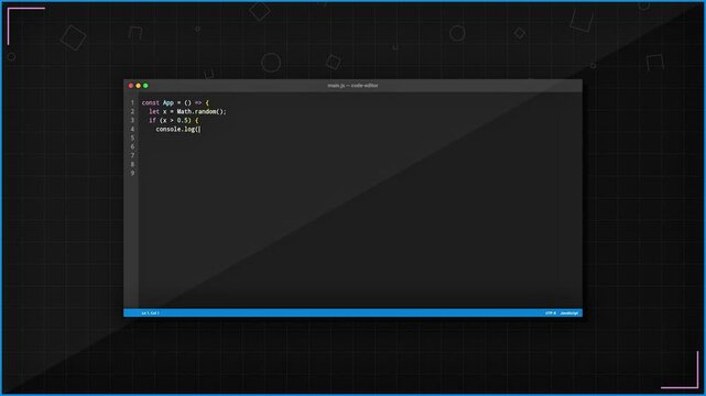 JavaScript Code Typing in Dark Mode Editor on Geometric Background