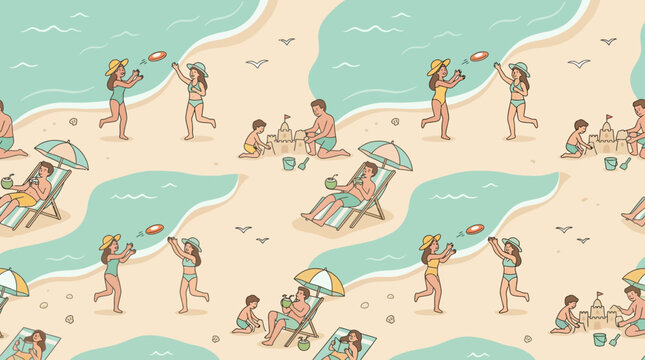 People playing frisbee and building sandcastles on summer beach.
