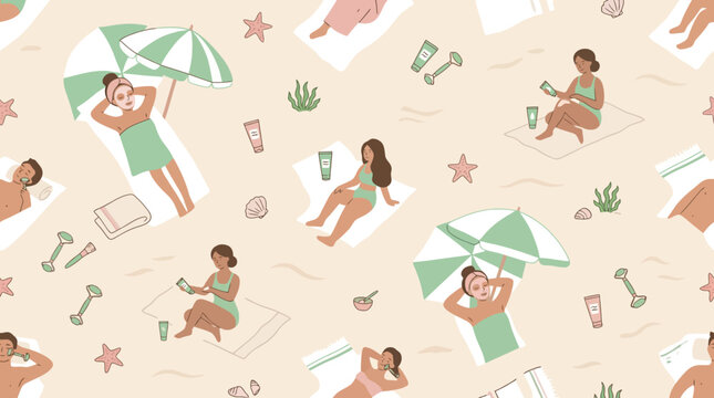 People sunbathing on beach towels seamless pattern illustration.