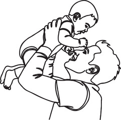 Fototapeta premium Stylized black and white sketch of a father holding his infant child high up with love parenting illustration monochrome caregiving nurturing affection happiness upbringing daughter