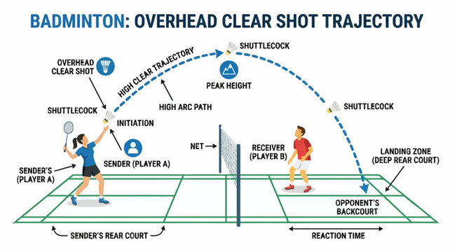 Badminton Overhead Clear Shot Trajectory Diagram with Players