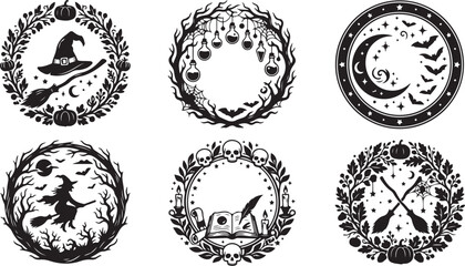 Naklejka premium Halloween icons, witchcraft symbols, black vector set, 6 circular badges