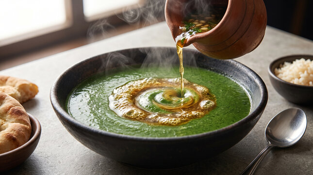 Fine Dining Egyptian Molokhia Soup with Garlic Coriander Tasha Pouring Macro