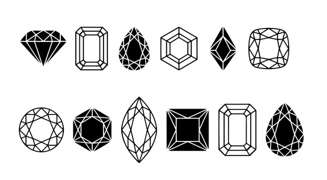Diamond and gemstone cuts shapes icon set crystal jewelry outline vector