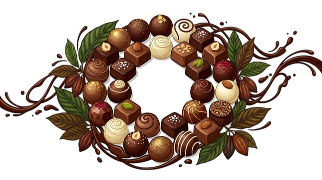 Assortment of Gourmet Chocolates Arranged in a Circular Wreath Shape with Chocolate Drizzle and Leaves.
