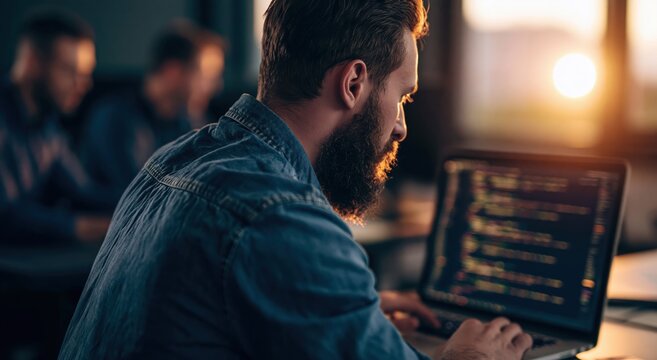 Developer and programmer coding on a laptop in a dark office with technology work