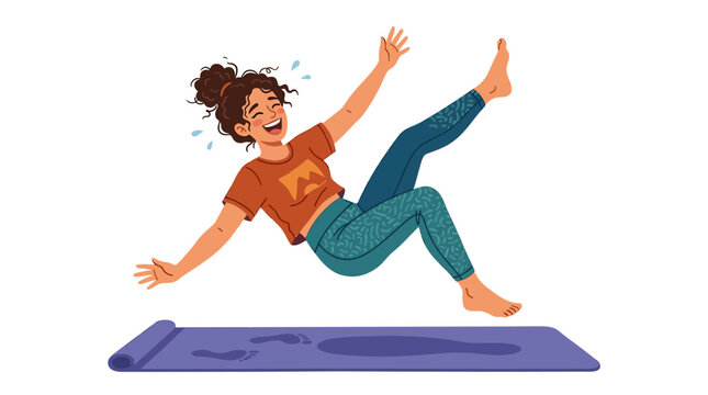 Woman loses her balance and falls backward onto a yoga mat while practicing physical exercise in a lighthearted manner.