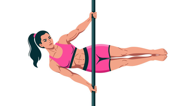 Pole dancer executes a precise horizontal extension on a steel pole while showcasing athletic form and muscular strength.