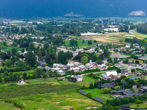 Aerial View of Yarrow Farmland and Residential Neighborhood in Chilliwack, British Columbia, Canada