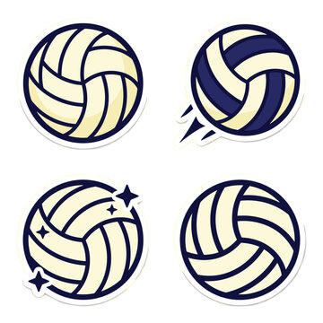 Set of pixel art volleyballs, four variations showing a stationary ball, one in motion with speed lines, and another with sparkling stars, on a sticker background