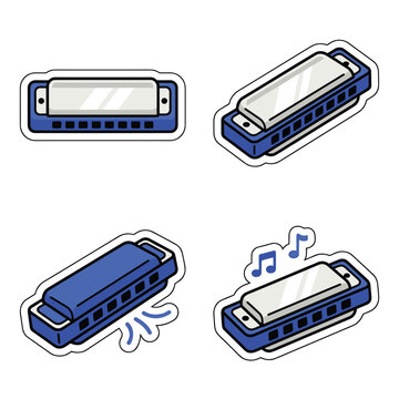 Set of four cartoon harmonicas, isolated objects with music notes and sound waves, blue and white colors