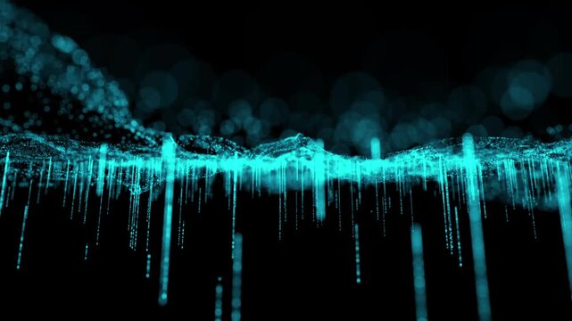 Abstract glowing wave from of particles and dots moves on a black background