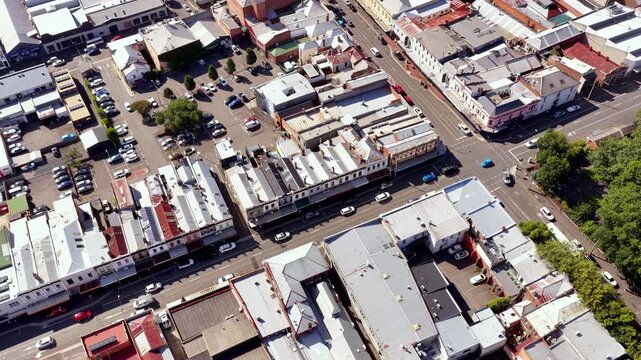 CBD of Launceston city in Tasmania &ndash; aerial lift from streets houses to sky horizon.