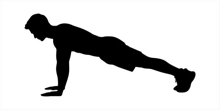 Silhouette of a man doing a push up exercise fitness. Man Doing Pushup Exercise Silhouette. Minimalist yoga silhouette of man in plank pose, black vector icon of male athlete practicing fitness, 
