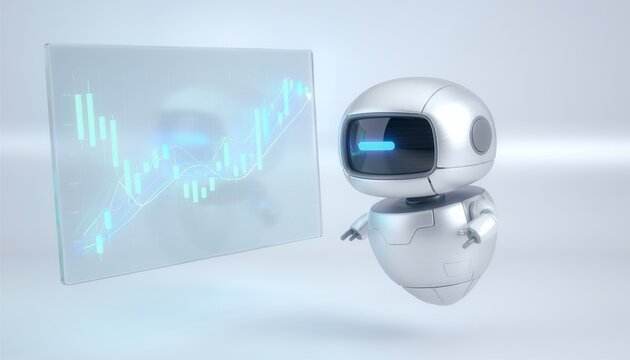 3D illustration of a floating futuristic algorithmic trading robot interacting with a translucent glass financial chart on a light grey background