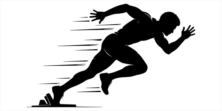 Black and white silhouette of sprinter taking off from starting block, ideal for logos, branding, and digital artwork. Sprinter Launching Off Starting Blocks &ndash; Black and White Line Art Illustration.  