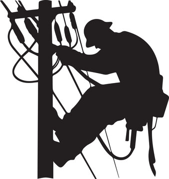 electrician working on utility pole vector silhouette.