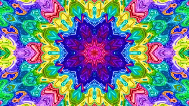 Rotating multicolored kaleidoscope view. Abstract polygonal shapes radiating from centre, separating, combining, spreading, enlarging. Round mandala metamorphoses, beats, spin. 4K UHD 4096x2304