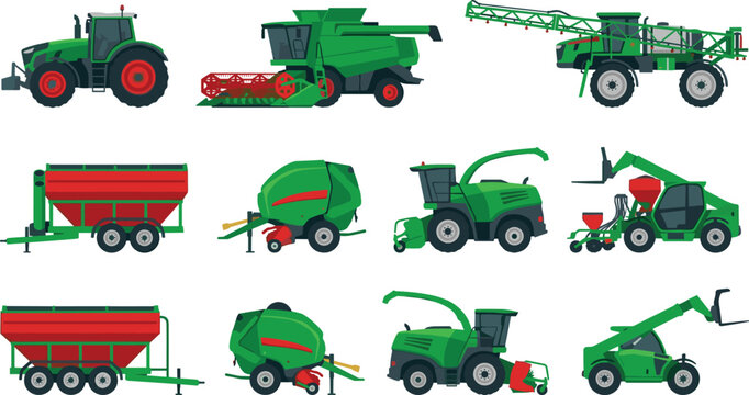 Modern Agricultural Machinery Set including Tractors Combine Harvesters Sprayers and Heavy Farming Equipment Vector Illustrations